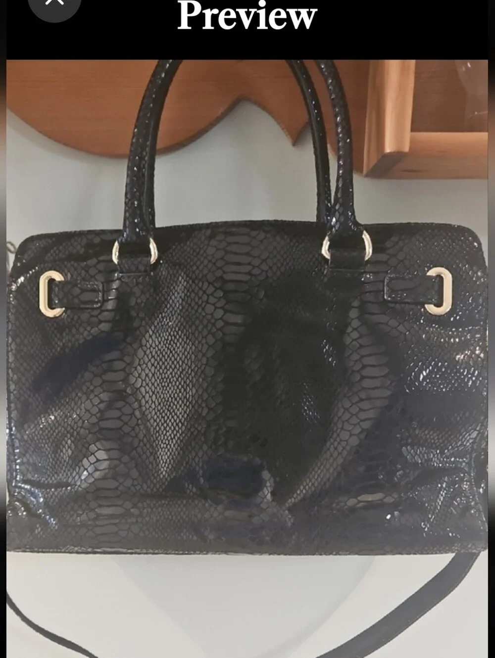 Michael Kors Black Patent Snake-Embossed Satchel with Gold Hardware - Picture 3 of 13